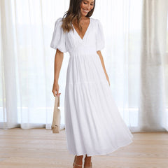 Women's V-Neck Puff Sleeve Midi Dress - Smocked Waist | Spring - White