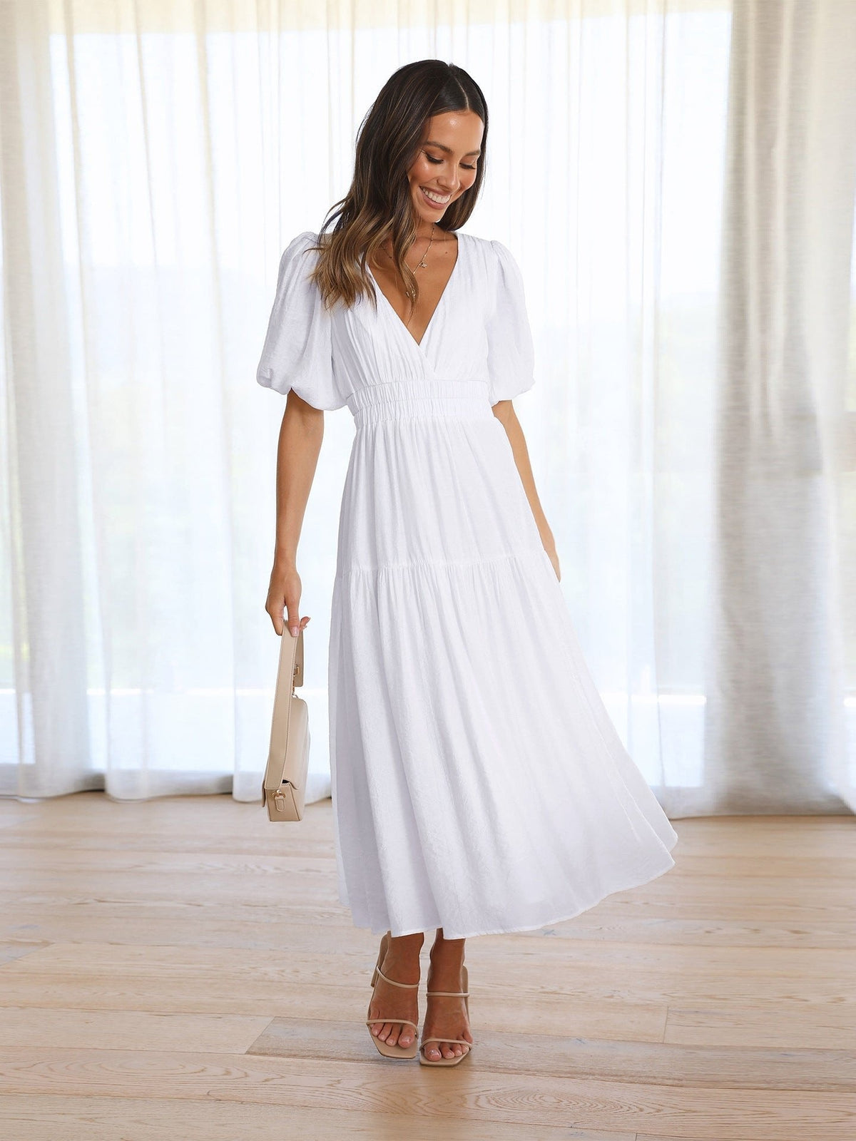 Women's V-Neck Puff Sleeve Midi Dress - Smocked Waist | Spring - White