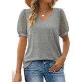 Women's V-Neck Puff Sleeve Top - Casual Summer Style - Grey