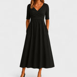 Women's V-Neck Short Sleeve Maxi Dress - Flowing Summer Style - Black