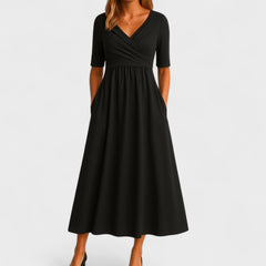 Women's V-Neck Short Sleeve Maxi Dress - Flowing Summer Style - Black