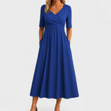 Women's V-Neck Short Sleeve Maxi Dress - Flowing Summer Style - Blue