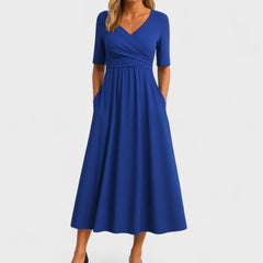 Women's V-Neck Short Sleeve Maxi Dress - Flowing Summer Style - Blue