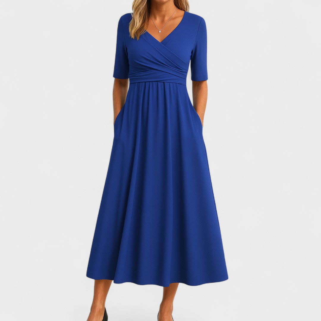 Women's V-Neck Short Sleeve Maxi Dress - Flowing Summer Style - Blue