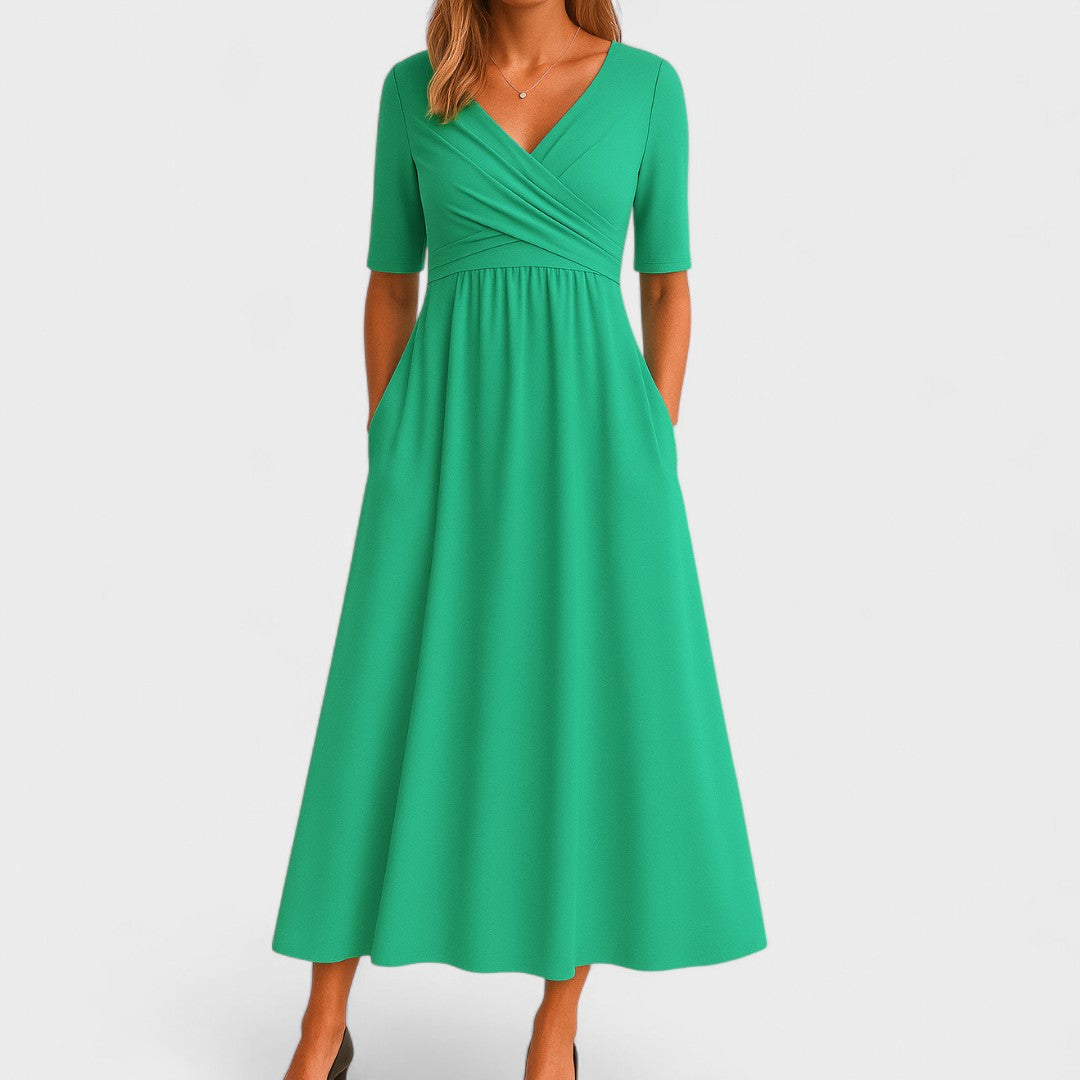 Women's V-Neck Short Sleeve Maxi Dress - Flowing Summer Style - Green