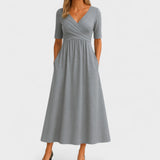 Women's V-Neck Short Sleeve Maxi Dress - Flowing Summer Style - Grey