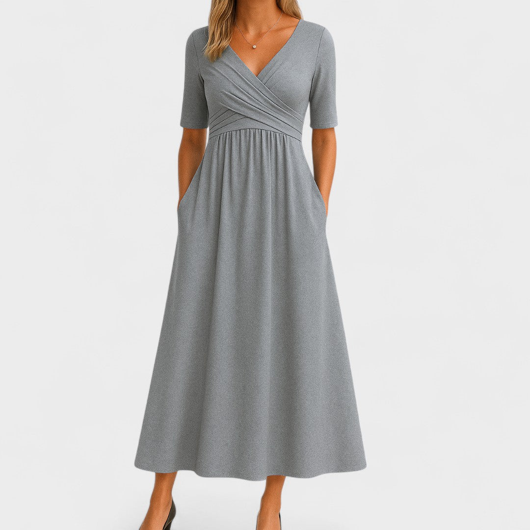 Women's V-Neck Short Sleeve Maxi Dress - Flowing Summer Style - Grey