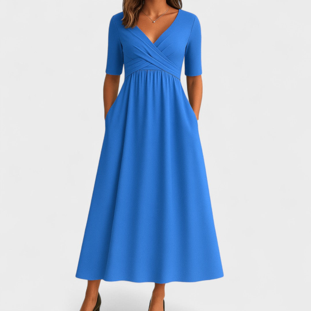 Women's V-Neck Short Sleeve Maxi Dress - Flowing Summer Style - Light Blue
