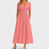 Women's V-Neck Short Sleeve Maxi Dress - Flowing Summer Style - Pink