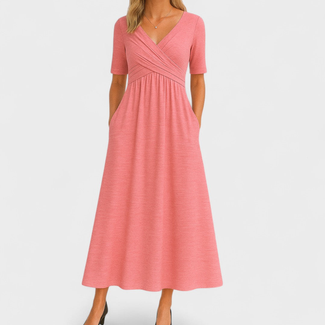 Women's V-Neck Short Sleeve Maxi Dress - Flowing Summer Style - Pink