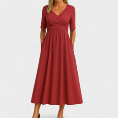 Women's V-Neck Short Sleeve Maxi Dress - Flowing Summer Style - Red