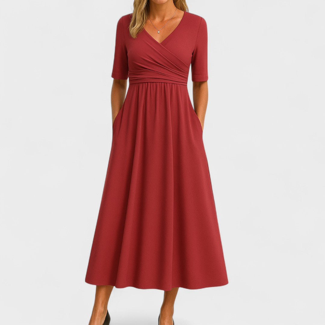 Women's V-Neck Short Sleeve Maxi Dress - Flowing Summer Style - Red