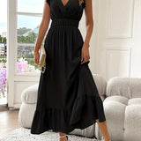 Women's V-Neck Smocked Waist Maxi Dress - Flutter Sleeves | Summer - Black
