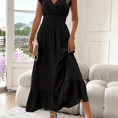 Women's V-Neck Smocked Waist Maxi Dress - Flutter Sleeves | Summer - Black