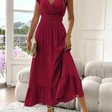 Women's V-Neck Smocked Waist Maxi Dress - Flutter Sleeves | Summer - Brick Red