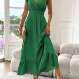 Women's V-Neck Smocked Waist Maxi Dress - Flutter Sleeves | Summer - Emerald Green
