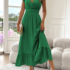 Women's V-Neck Smocked Waist Maxi Dress - Flutter Sleeves | Summer - Emerald Green