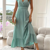 Women's V-Neck Smocked Waist Maxi Dress - Flutter Sleeves | Summer - Light Green