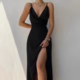 Women's V-Neck Spaghetti Strap Maxi Dress - High Slit Evening | Summer - Black