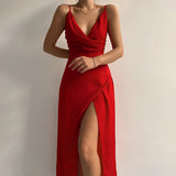 Women's V-Neck Spaghetti Strap Maxi Dress - High Slit Evening | Summer - Red