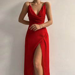 Women's V-Neck Spaghetti Strap Maxi Dress - High Slit Evening | Summer - Red