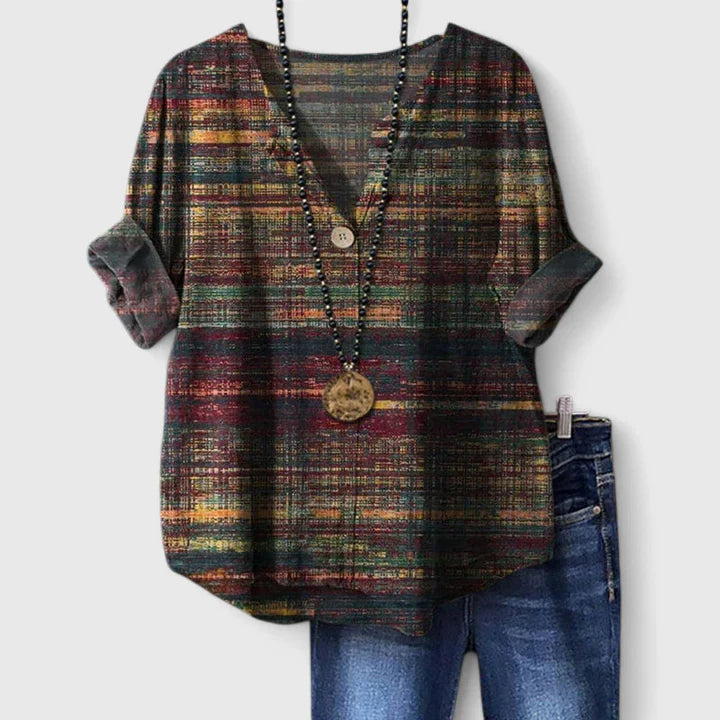 Women's V-Neck Three-Quarter Sleeve Blouse - Printed Pattern | Autumn - Multicolor