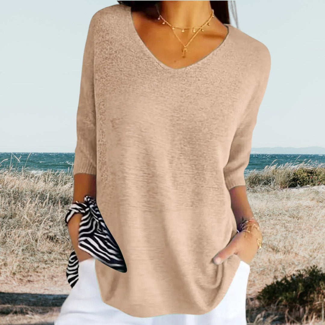 Women's V-Neck Top | Summer | Easy Fit - Beige