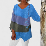 Women's V-Neck Tunic Blouse - Artistic Print | Autumn - Blue