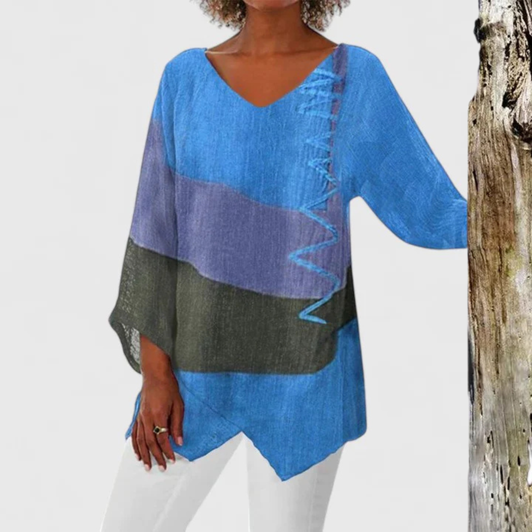 Women's V-Neck Tunic Blouse - Artistic Print | Autumn - Blue
