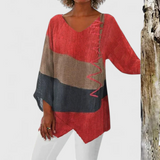 Women's V-Neck Tunic Blouse - Artistic Print | Autumn - Red
