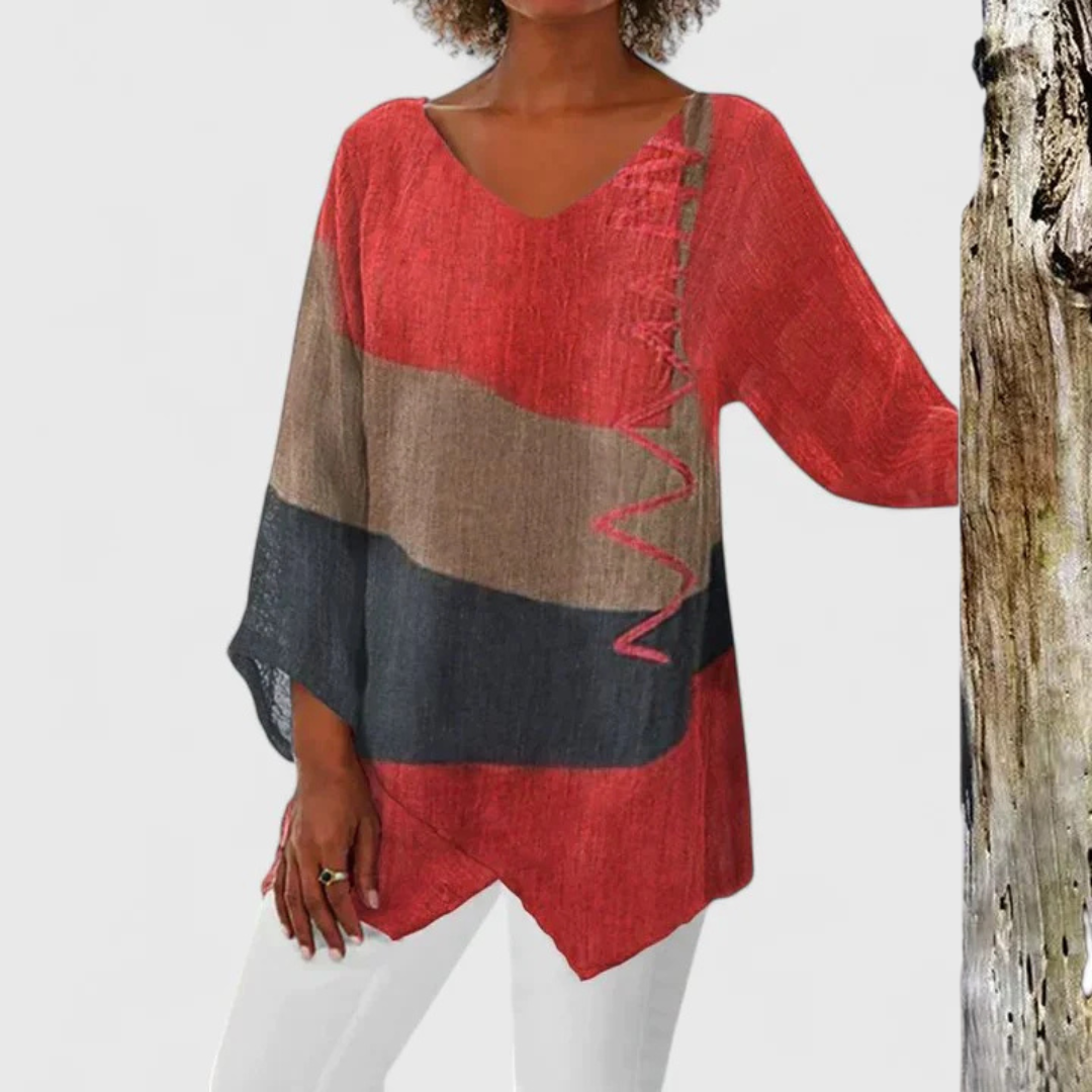 Women's V-Neck Tunic Blouse - Artistic Print | Autumn - Red