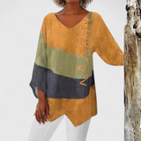 Women's V-Neck Tunic Blouse - Artistic Print | Autumn - Yellow
