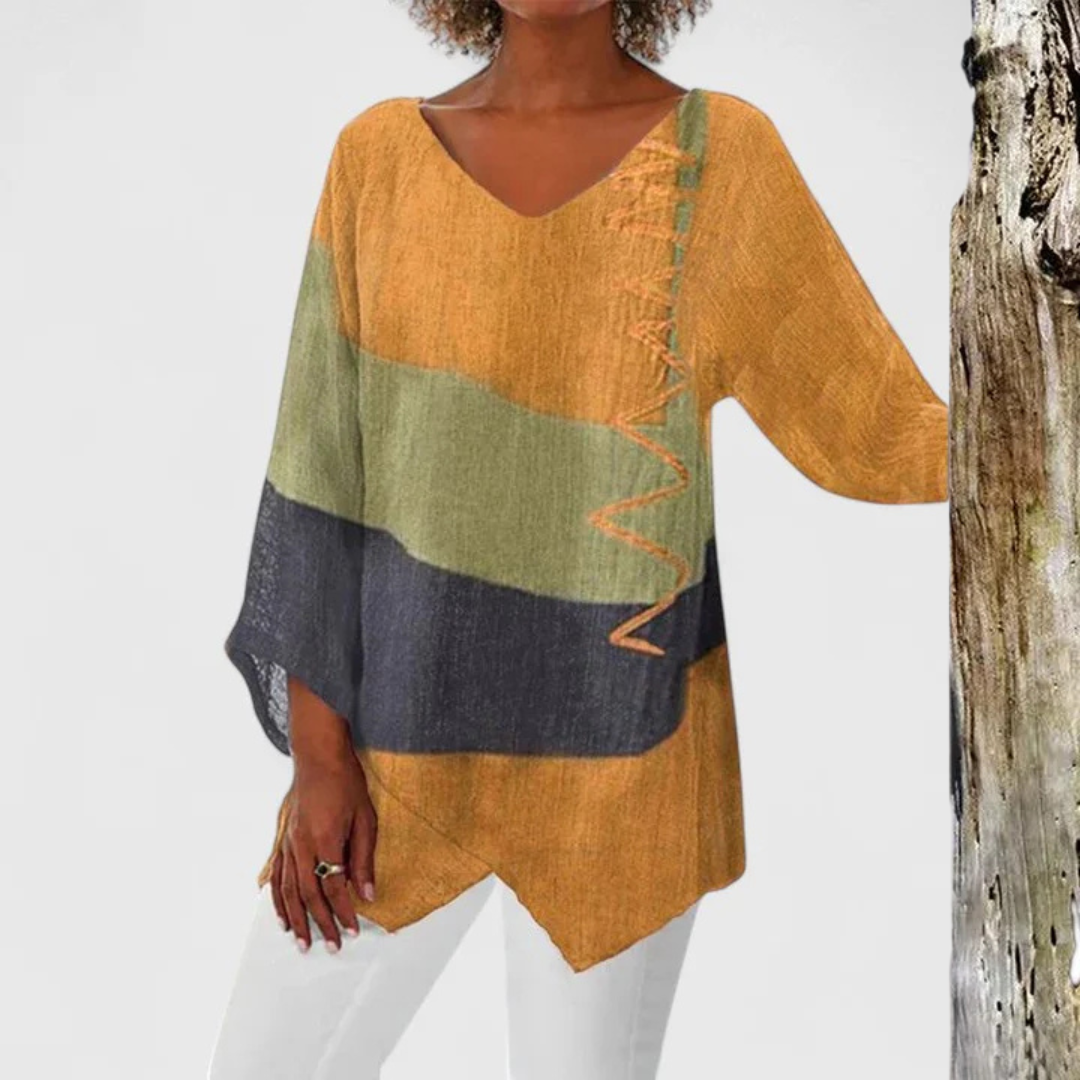 Women's V-Neck Tunic Blouse - Artistic Print | Autumn - Yellow