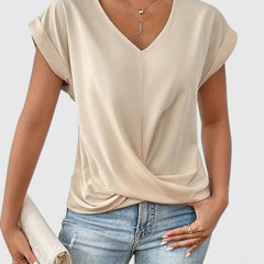 Women's V-Neck Twist Front Top - Everyday Comfort | Spring - Beige