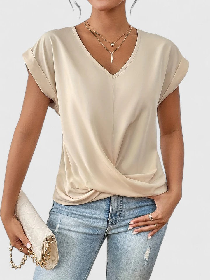 Women's V-Neck Twist Front Top - Everyday Comfort | Spring - Beige