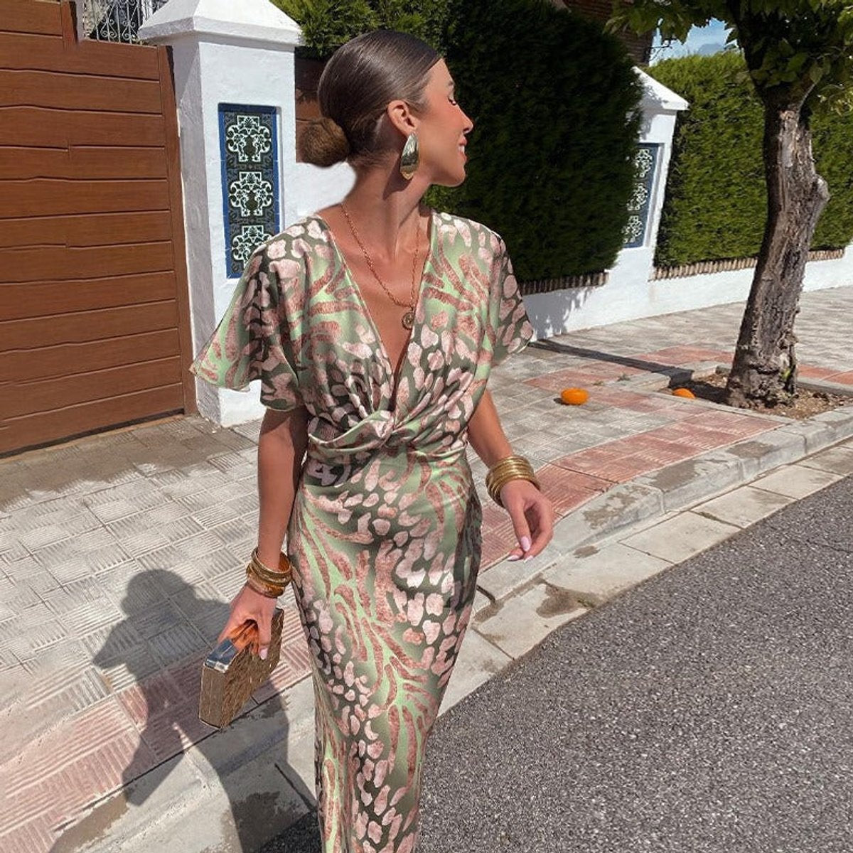 Women's V-Neck Twisted Midi Cocktail Dress - Animal Print | Summer
