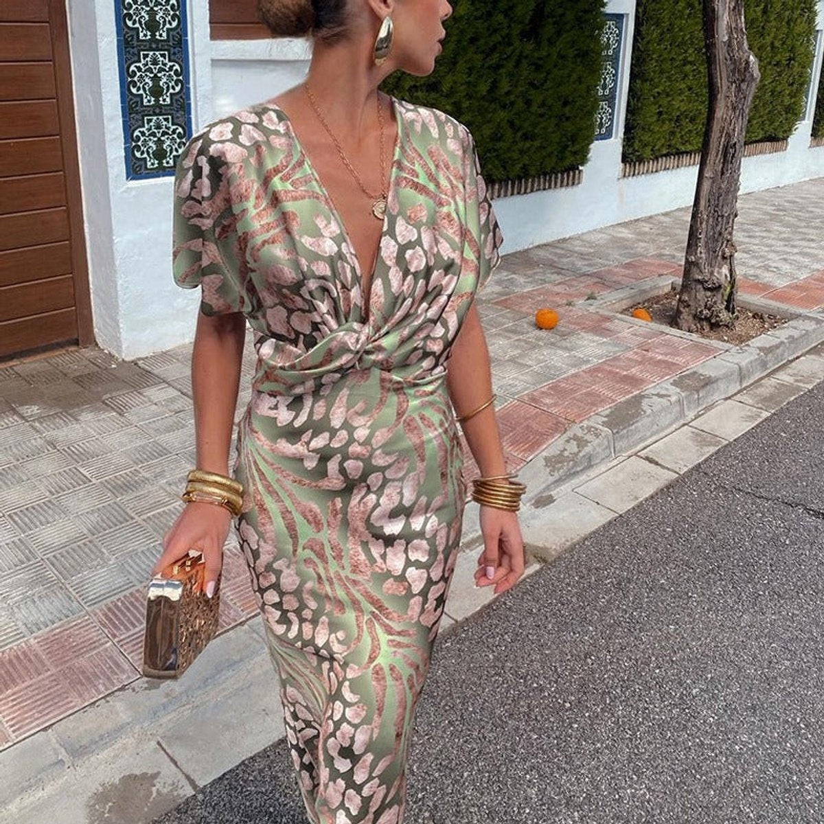 Women's V-Neck Twisted Midi Cocktail Dress - Animal Print | Summer