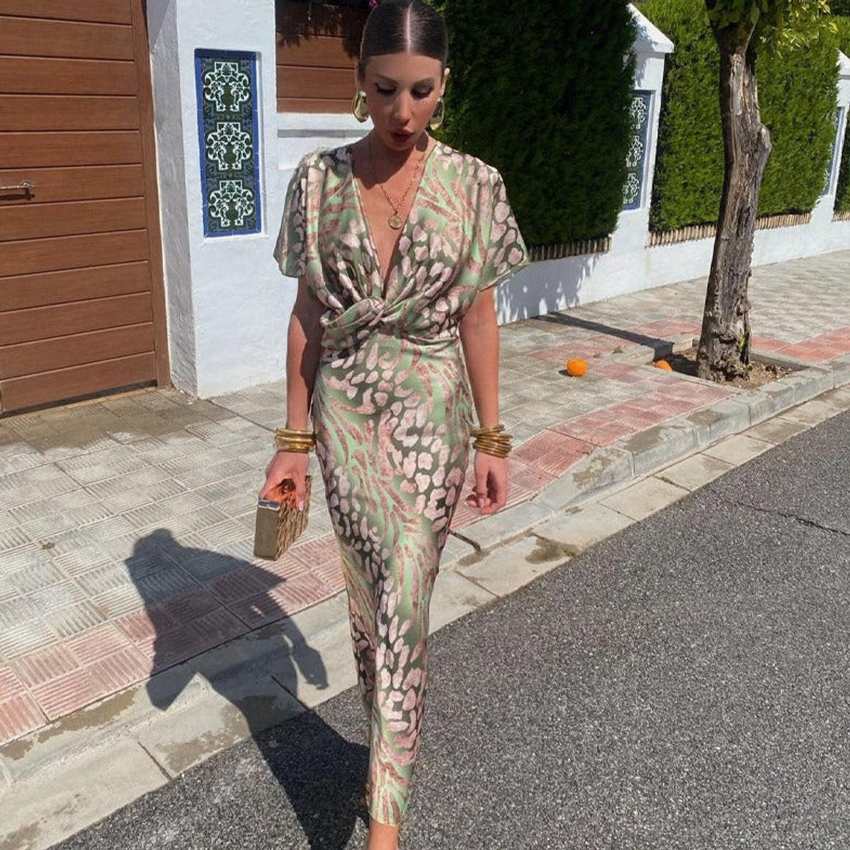 Women's V-Neck Twisted Midi Cocktail Dress - Animal Print | Summer - Size S