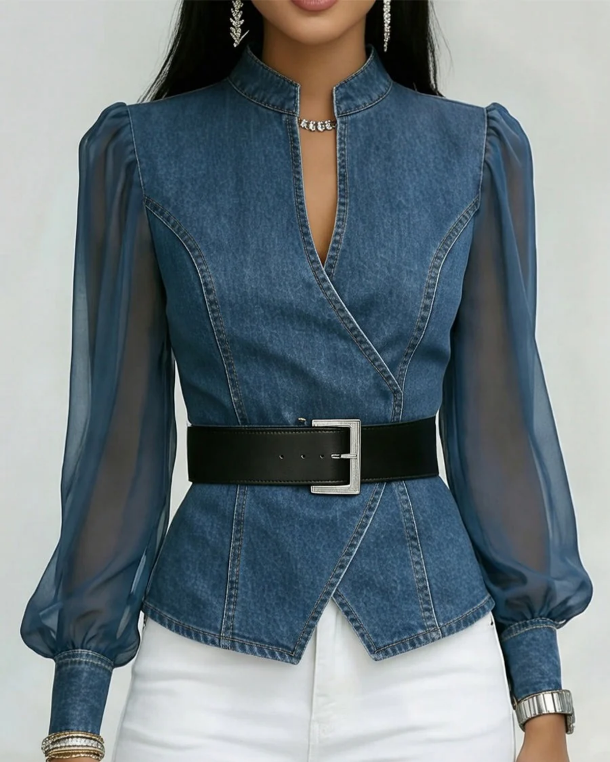 Women's V-Neck Wrap Blouse - Elegant Tapered Fit | Spring - Light Blue