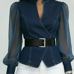 Women's V-Neck Wrap Blouse - Elegant Tapered Fit | Spring - Navy