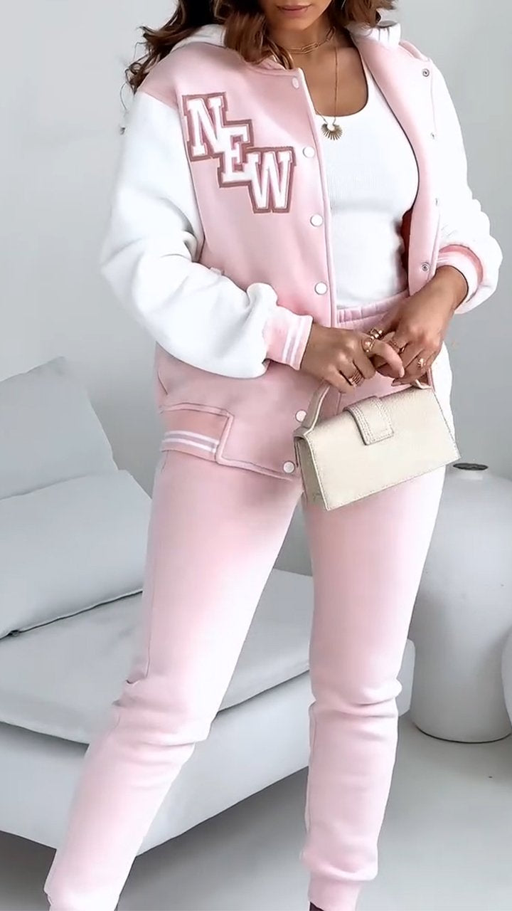 Women's Varsity Bomber Jacket & Joggers Set - Sporty Two Piece - Pink