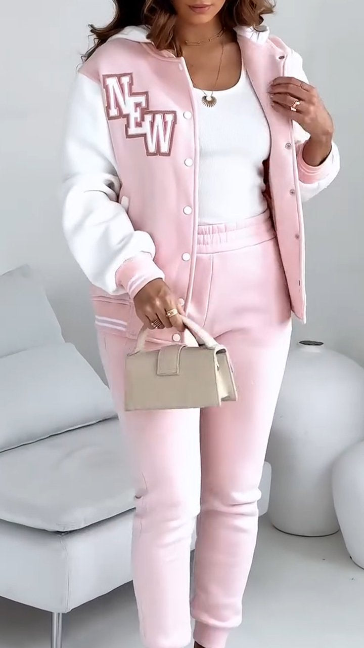 Women's Varsity Bomber Jacket & Joggers Set - Sporty Two Piece
