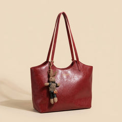 Women's Vegan Leather Tote Bag with Bunny Charm - Structured Shoulder