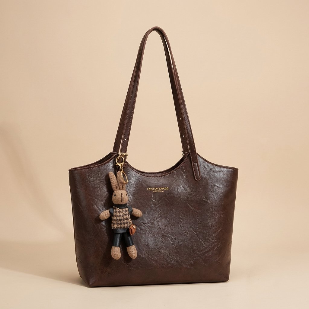 Women's Vegan Leather Tote Bag with Bunny Charm - Structured Shoulder