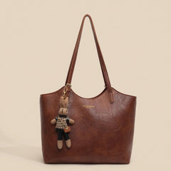 Women's Vegan Leather Tote Bag with Bunny Charm - Structured Shoulder