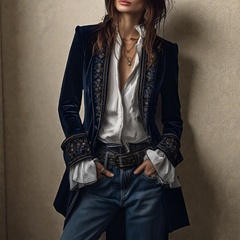 Women's Velvet Coat - Elegant Tailored Fit | Autumn - Navy