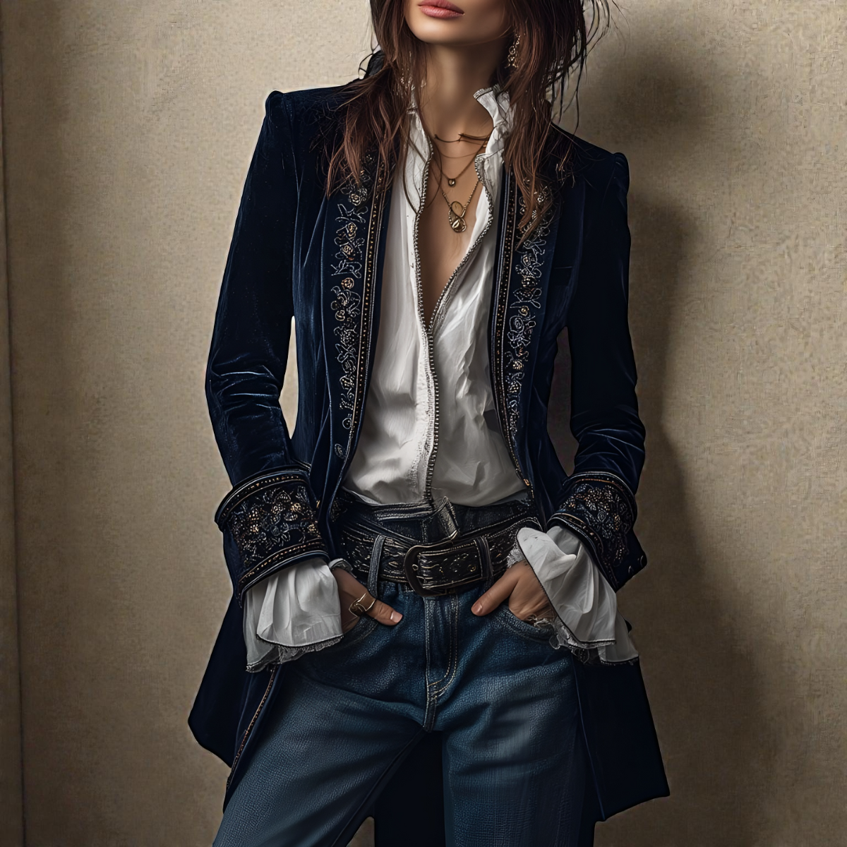 Women's Velvet Coat - Elegant Tailored Fit | Autumn - Navy