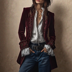 Women's Velvet Coat - Elegant Tailored Fit | Autumn - Red