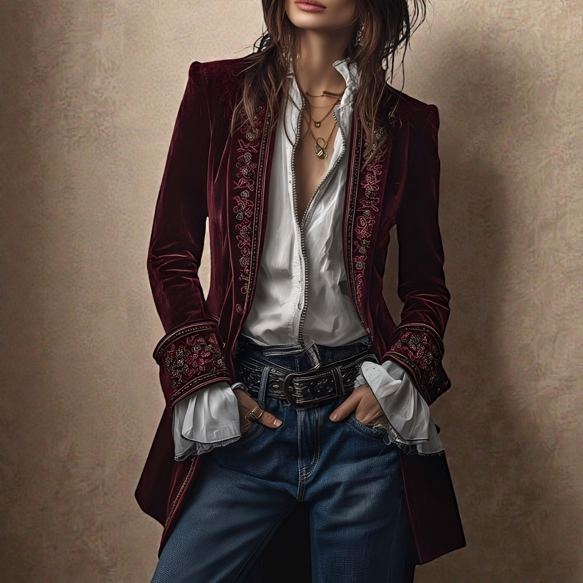 Women's Velvet Coat - Elegant Tailored Fit | Autumn - Red