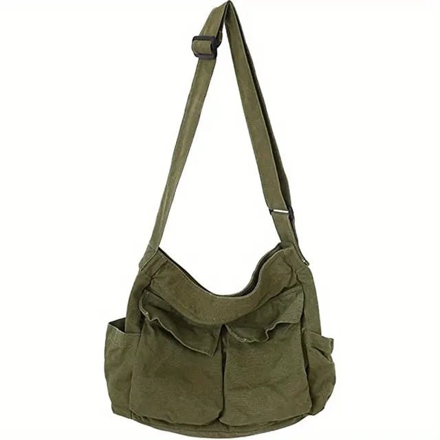 Women's Vintage Canvas Tote Bag - Multi-Pocket Crossbody | Spring - Army Green